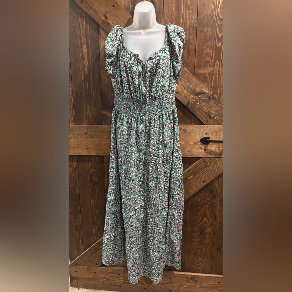 Floral Green Maxi Dress with Smocked Waist and Ruffle Details